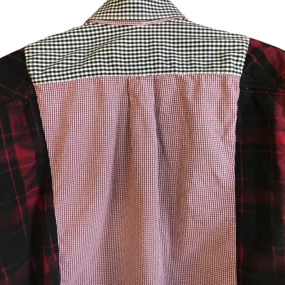 Upcycled Mixed Print Oversized Shirt, S to M: Red Black Gingham, Plaid Flannel - Picture 5 of 11
